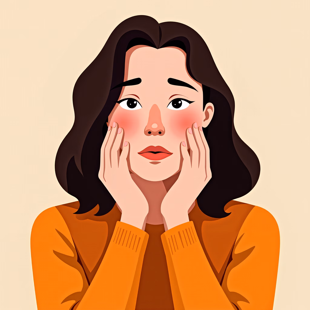 A tender portrait of a woman with a blush, wearing an orange sweater.