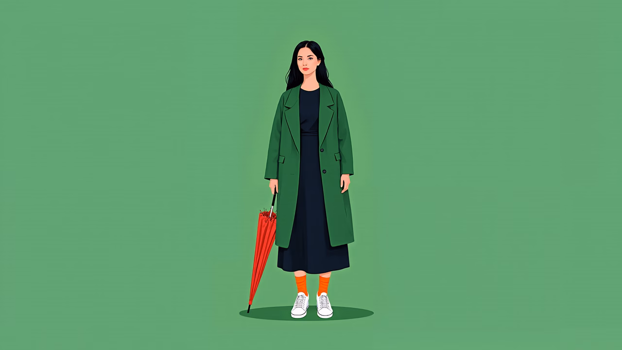 Minimalist fashion illustration with green background and red umbrella.