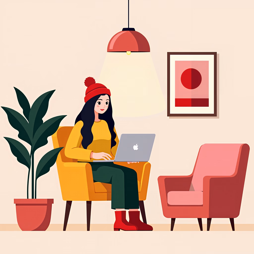 A woman working comfortably in a cozy indoor setting with warm colors and modern design elements.