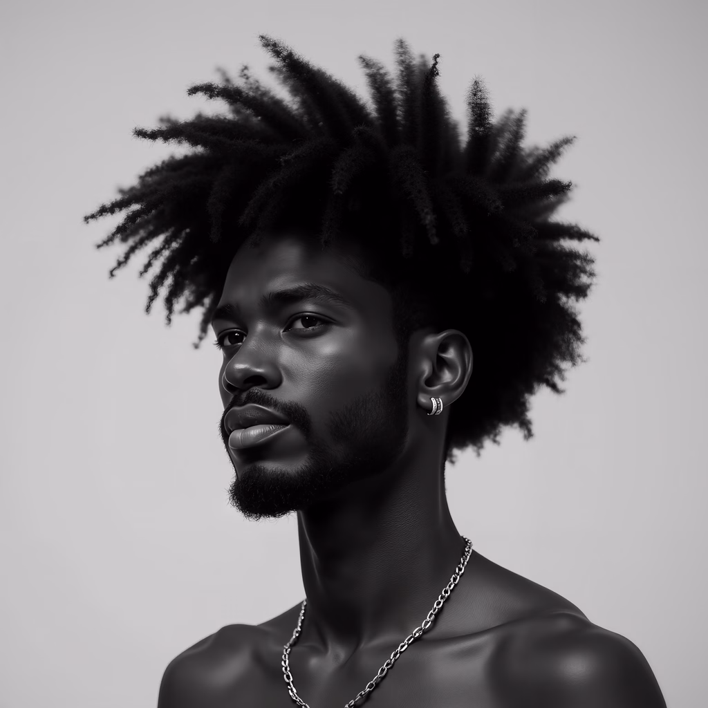 A bold black-and-white portrait of a man with an afro hairstyle, emphasizing texture and volume through high contrast and soft lighting.