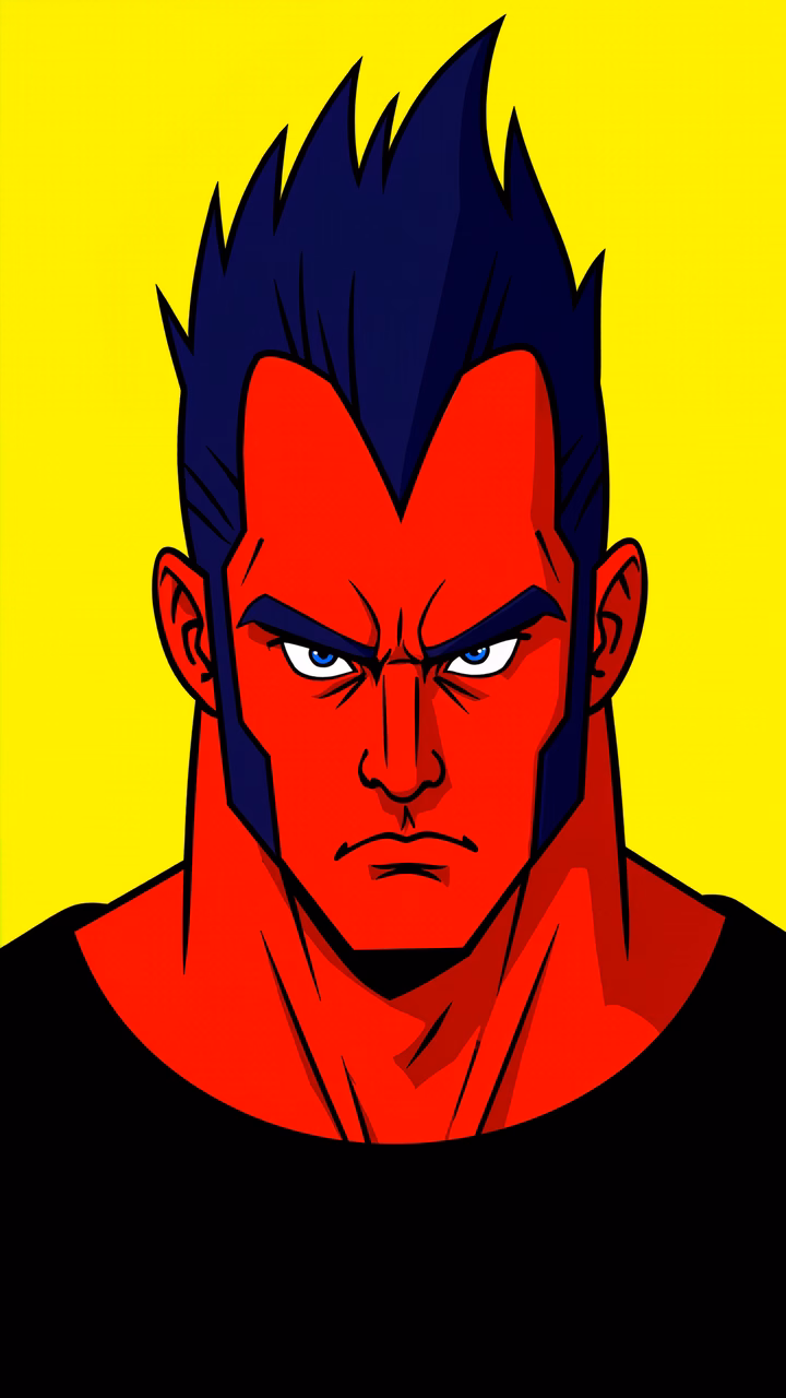 Angry man with spiky hair and red skin on a yellow background.