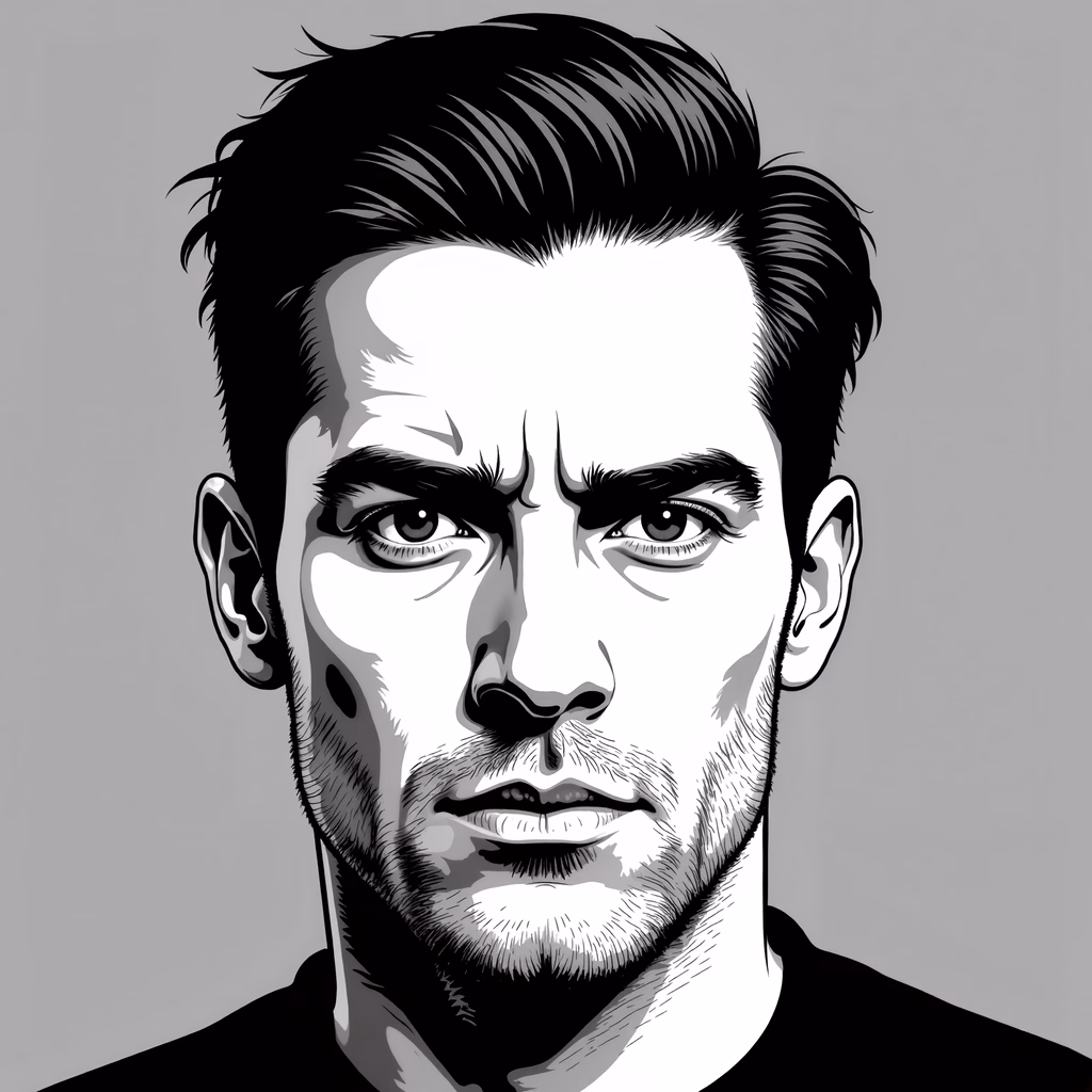 A detailed black-and-white portrait of an angry man, emphasizing intensity through shading and lines.