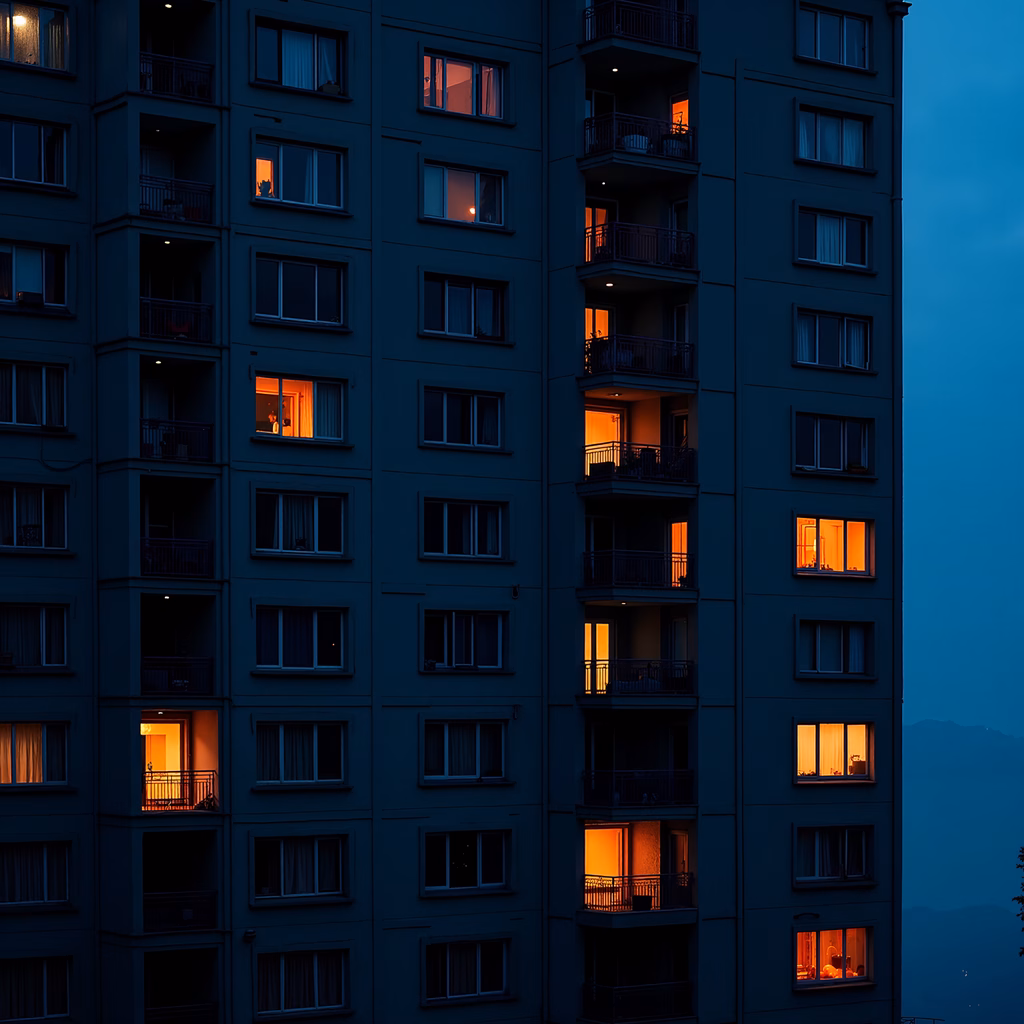 Twilight glow illuminates a multi-story apartment building, capturing urban life.