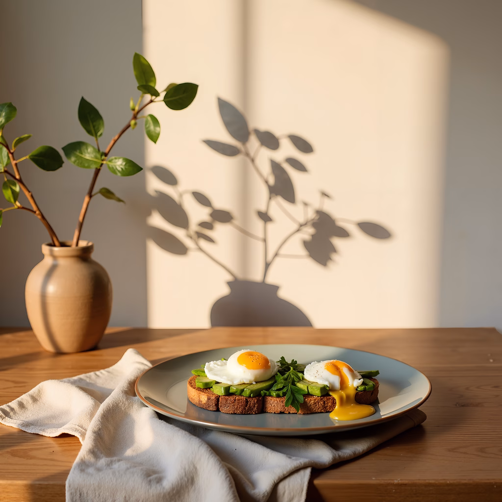 Avocado toast breakfast with natural light and shadow effects.