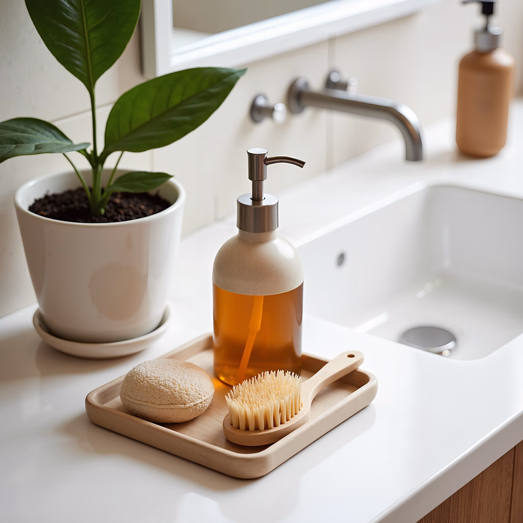 A tranquil bathroom setup with natural elements and soft lighting.