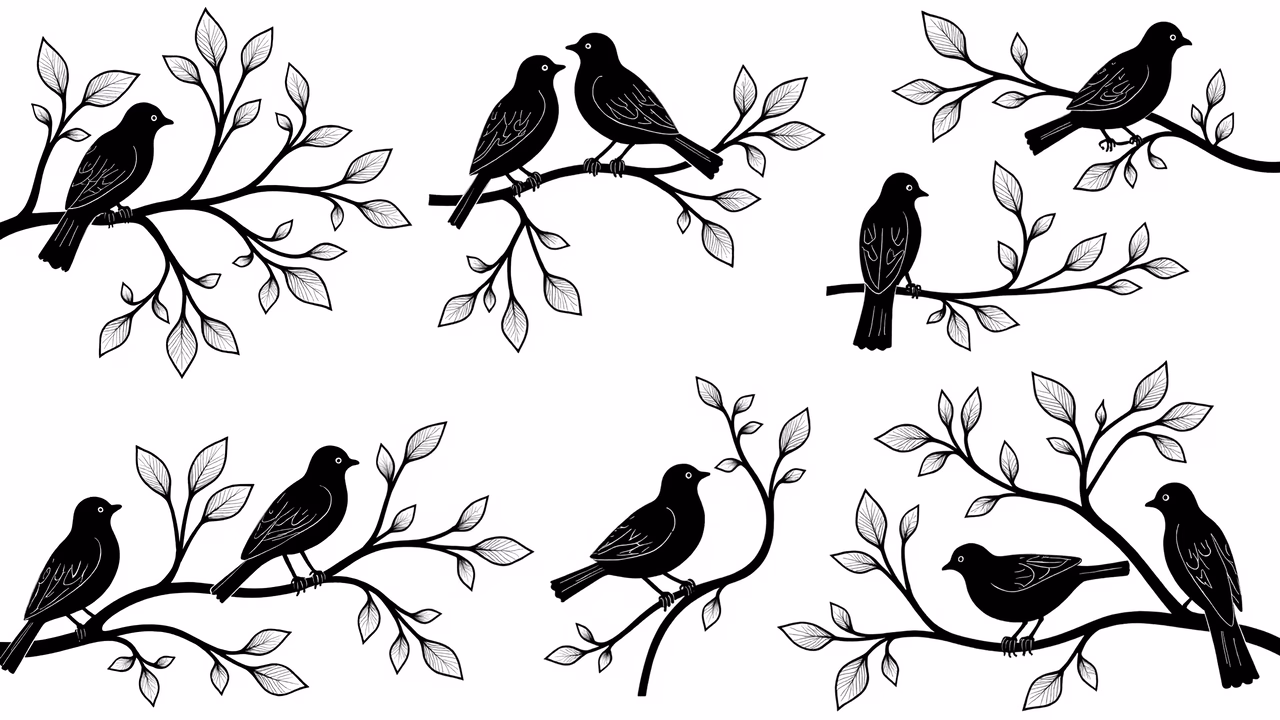 Black bird silhouettes on white branches, nature art illustration.