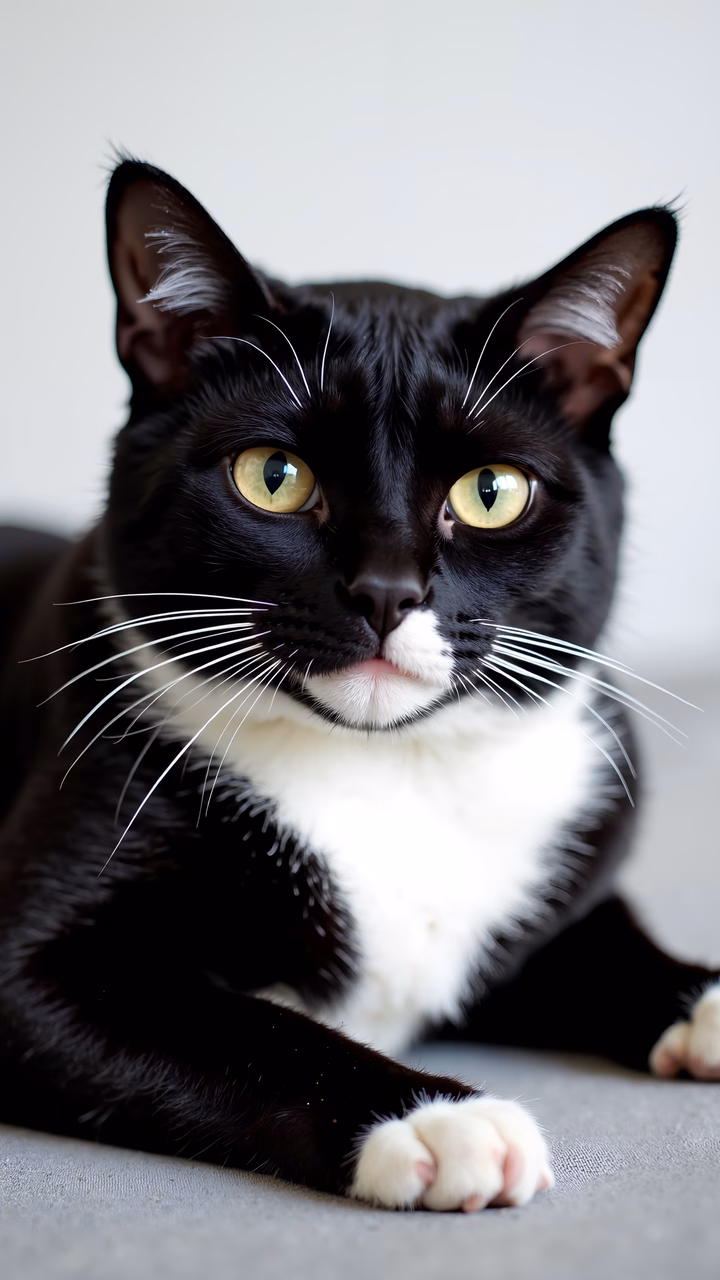 Close-up portrait of a black and white cat with piercing yellow eyes, showcasing contrast and texture.