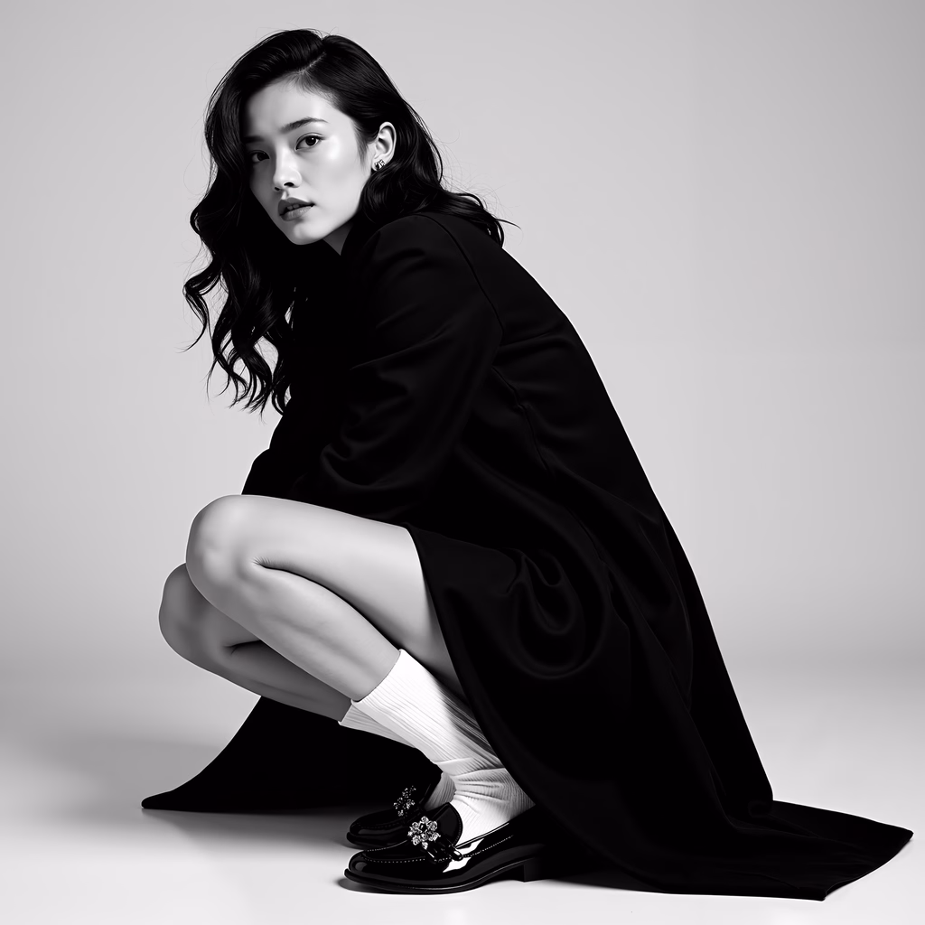 Minimalist fashion portrait with striking contrast and elegance.