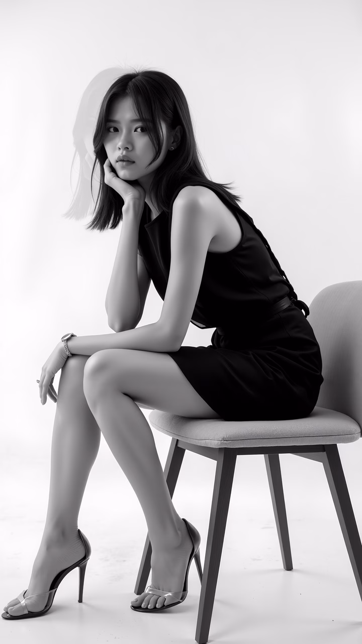 Elegant black and white portrait of a woman seated on a modern chair, exuding confidence and grace.