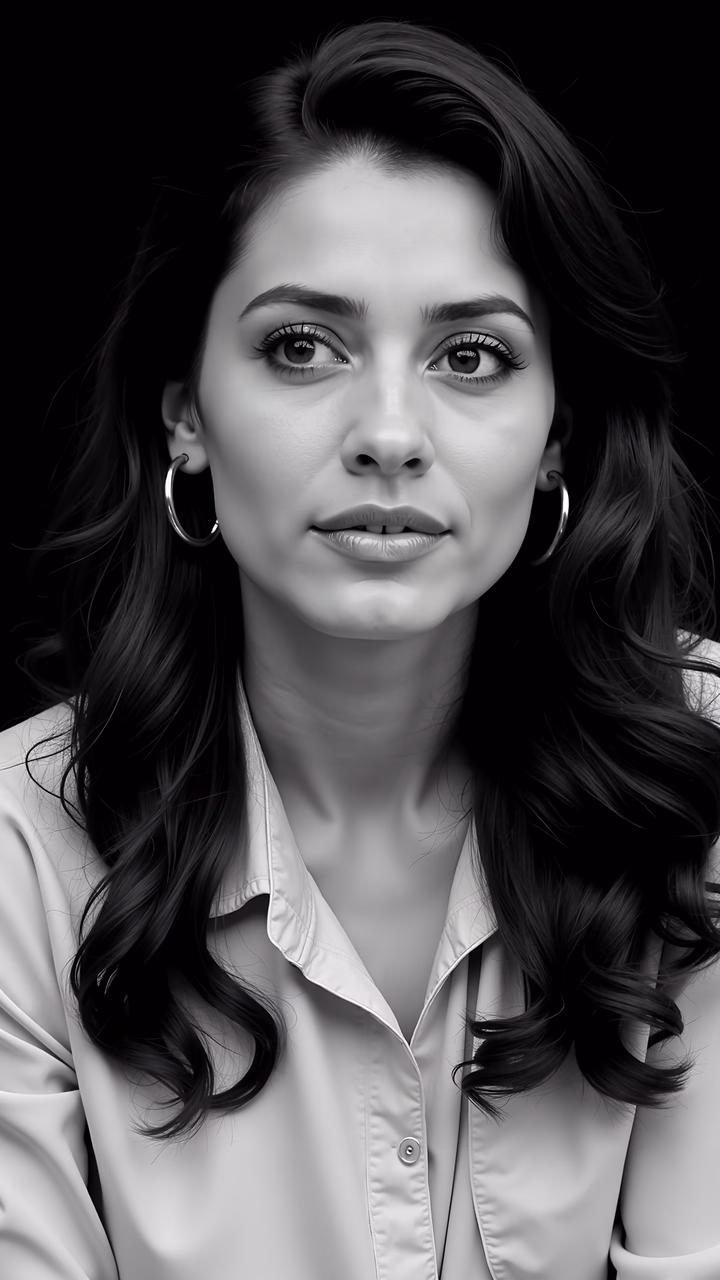 Elegant black and white portrait of a serene subject.