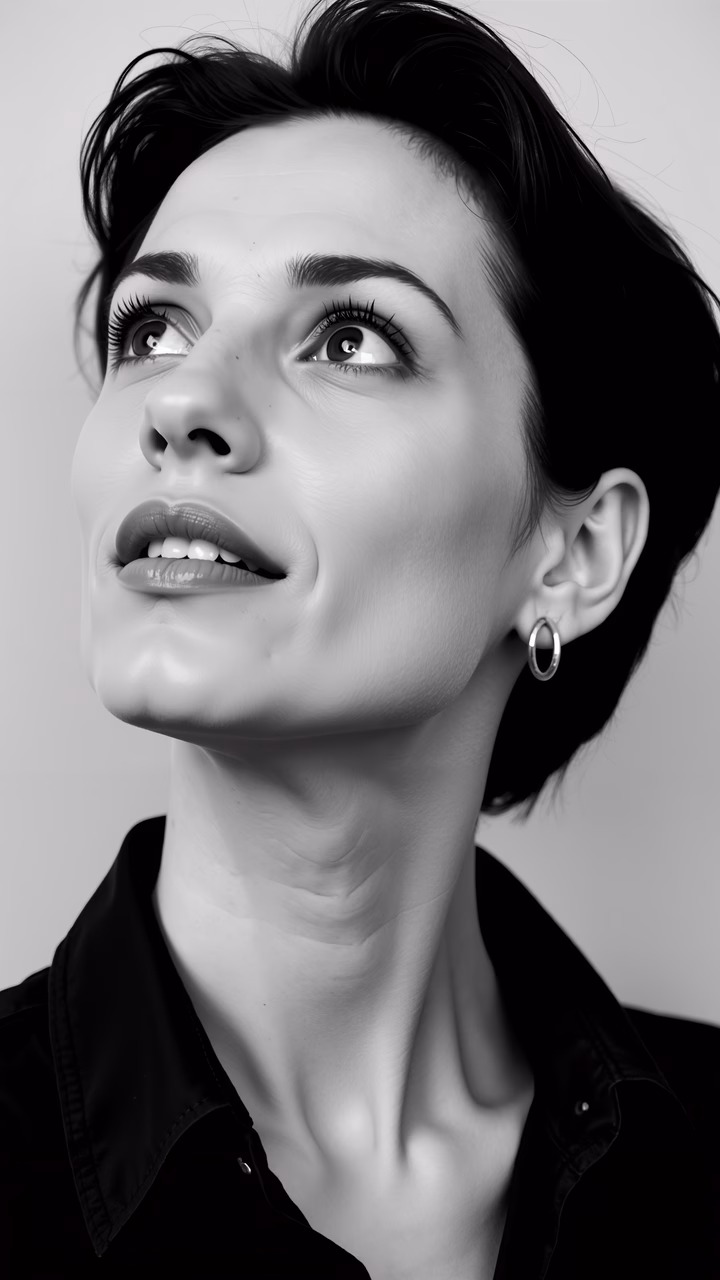Monochrome portrait of a woman with upward gaze, emphasizing contemplation and elegance.