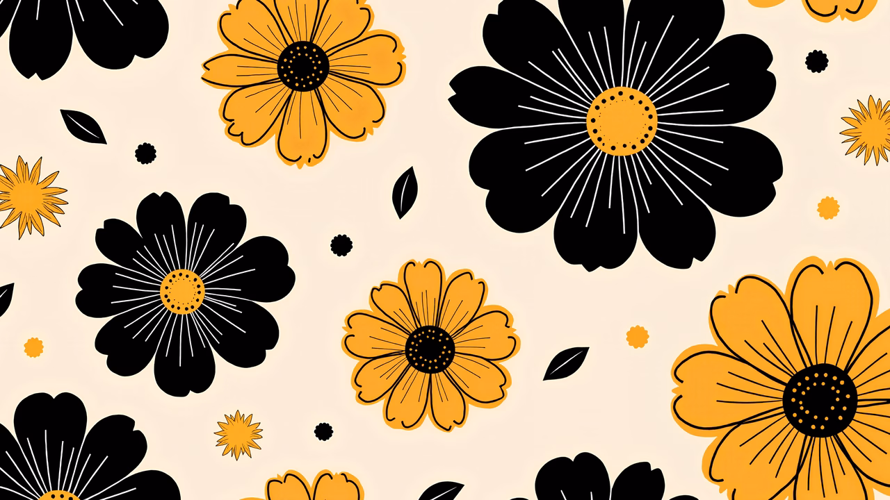 Bold black and yellow floral illustration on a beige background.