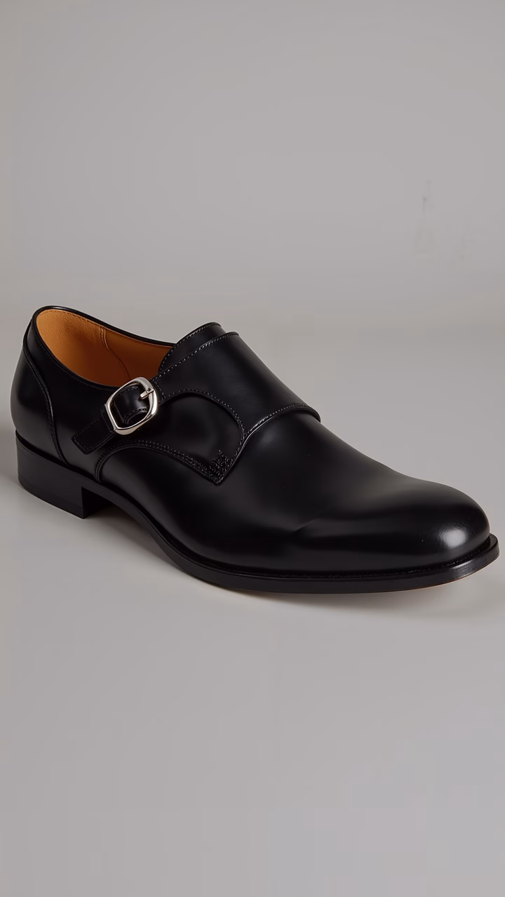 Elegant black monk strap shoe with a polished finish and silver buckle.