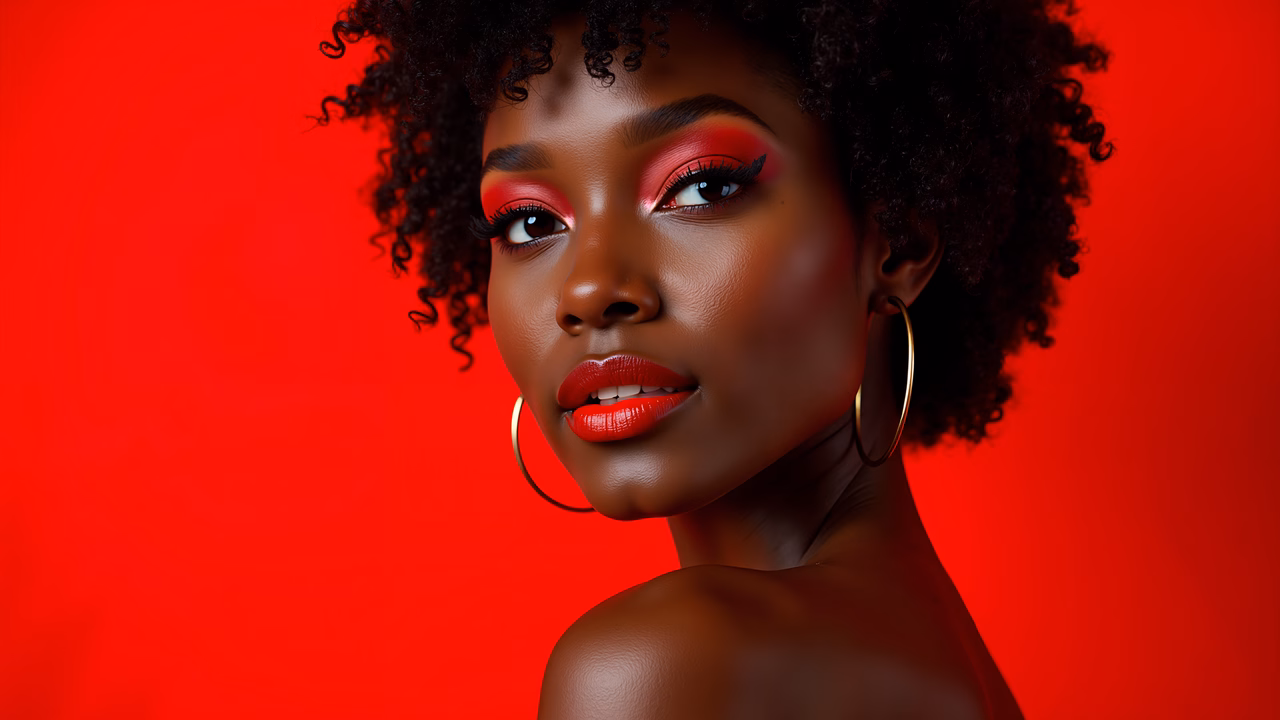 Vibrant red portrait with bold makeup and striking lighting.