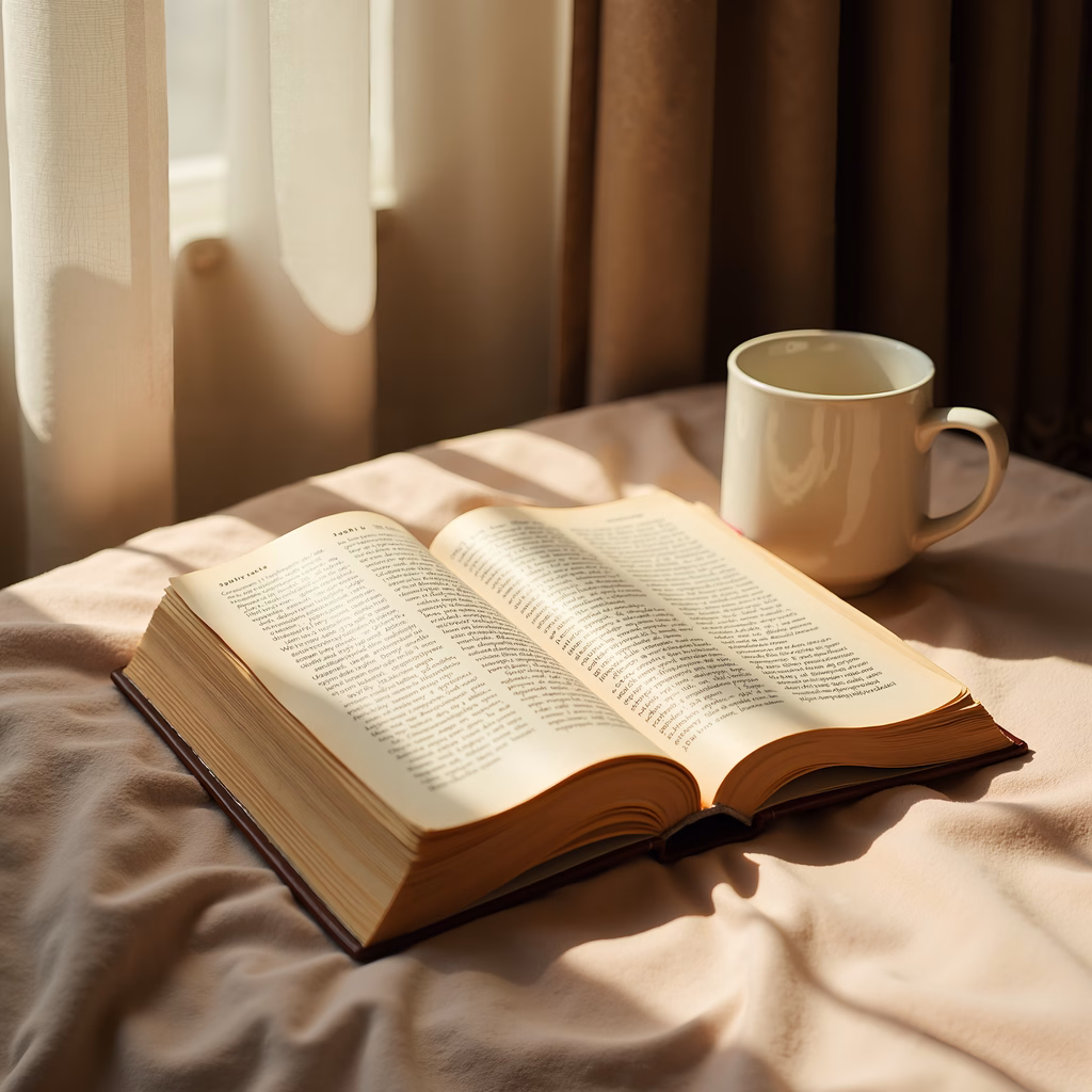 A peaceful moment captured with an open book and coffee mug, bathed in soft sunlight.