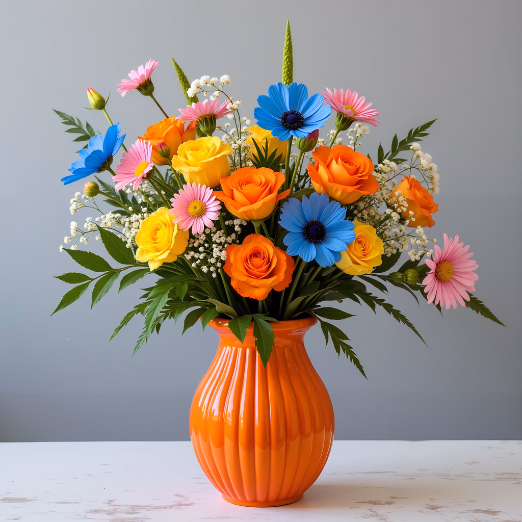 A colorful floral arrangement in an orange vase, perfect for celebrations and home decor.