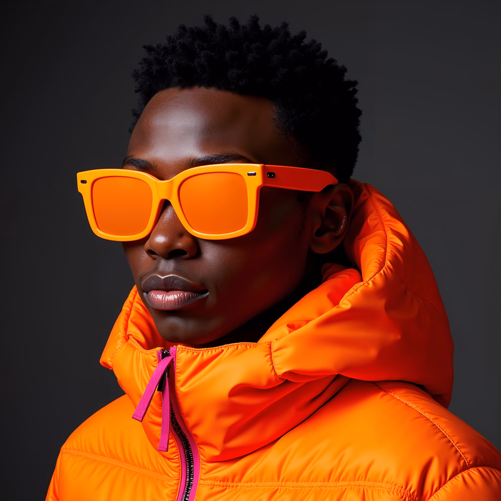 Vibrant orange fashion portrait with bold accessories against a dark backdrop.