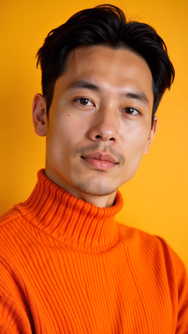Close-up portrait of a person in a bright orange turtleneck sweater against a yellow background.
