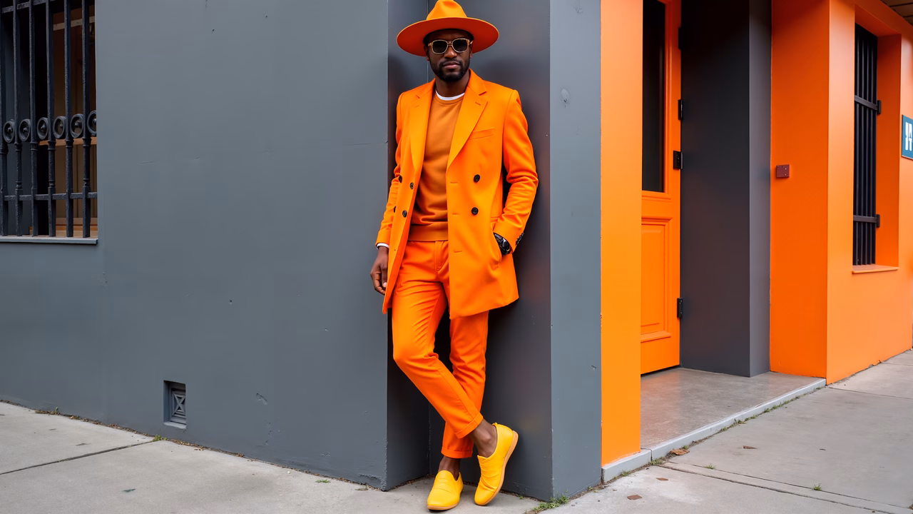 Bold orange suit against a gray backdrop, street fashion inspiration.