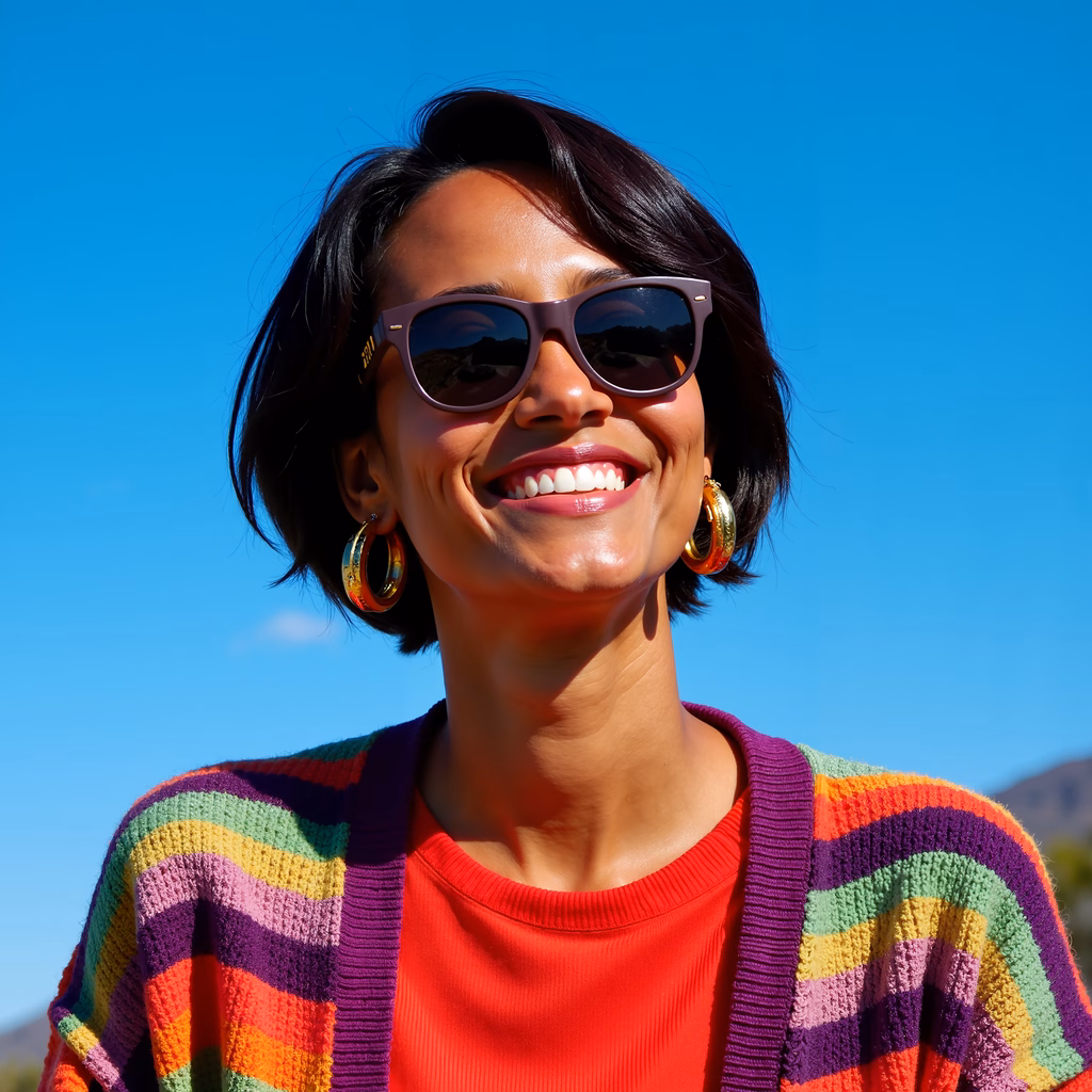 Bright smile under sunny skies, capturing joy and vibrancy.