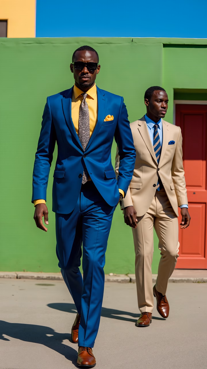Confident men in bright suits against a colorful urban backdrop.