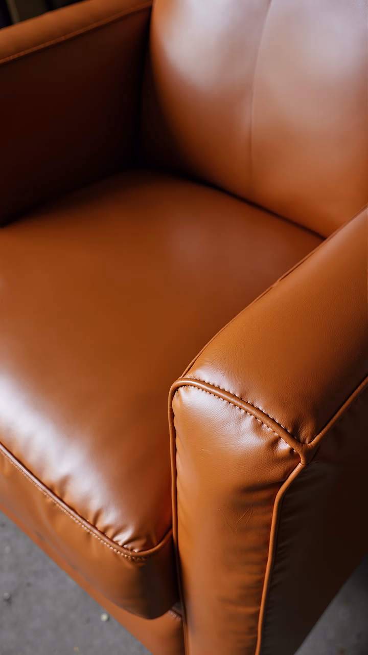 Close-up of a brown leather couch showcasing its luxurious texture and rich tones.