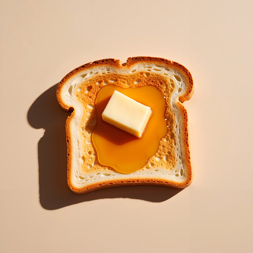 A slice of toasted bread with melted butter, captured in warm, natural light.