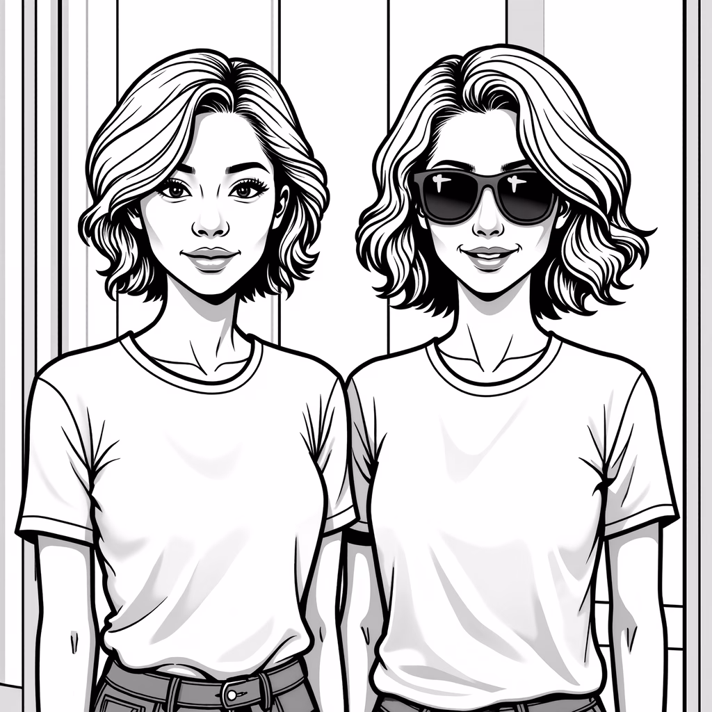 Black-and-white portrait of twins with distinct hairstyles and clothing.
