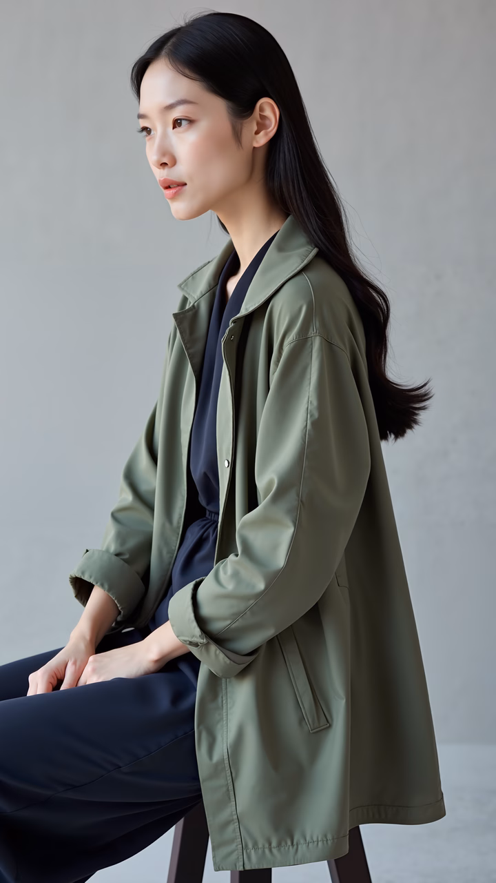 Elegant olive green coat paired with navy pants, minimalist fashion.