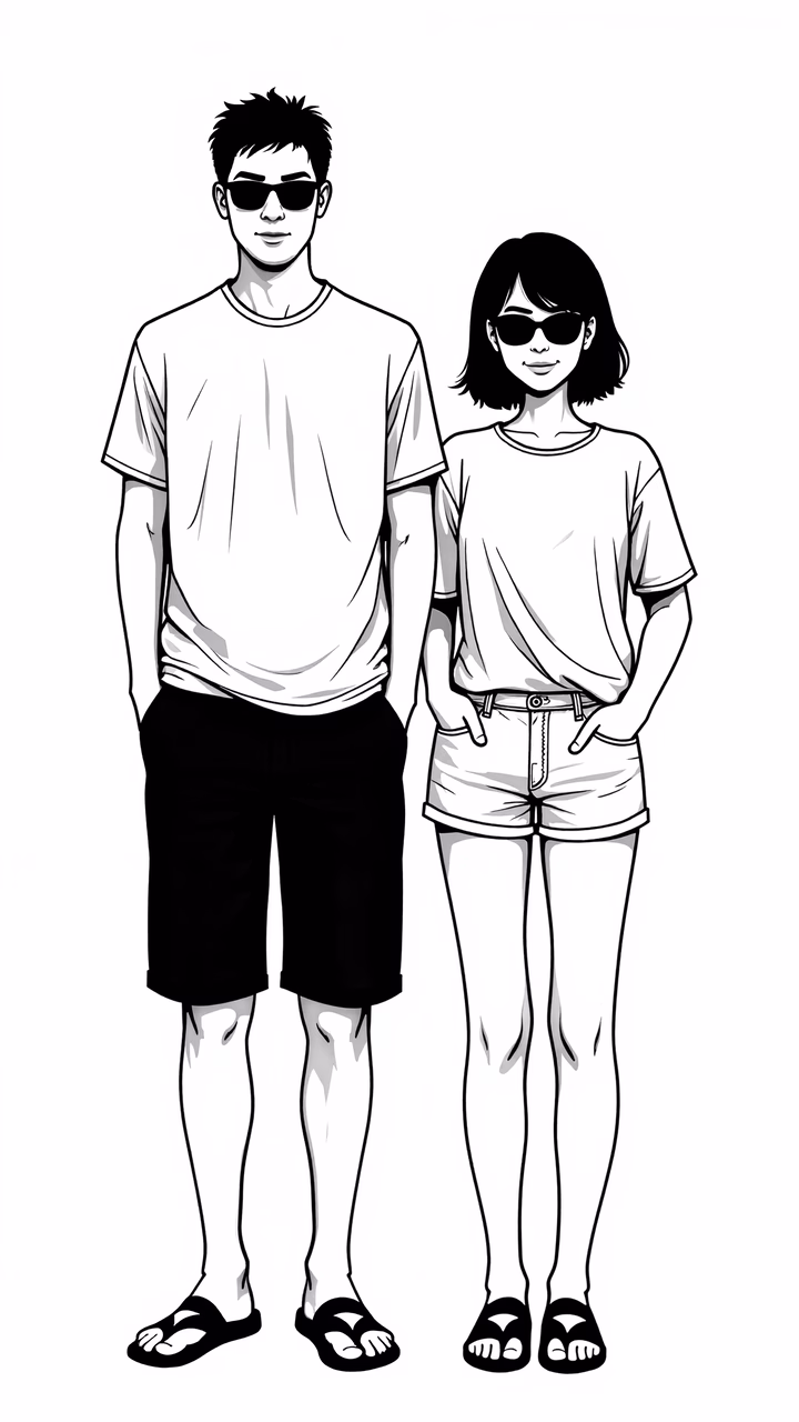 Casual couple in minimalist fashion illustration.
