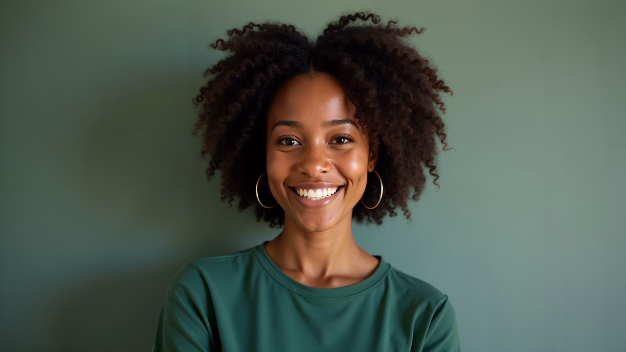 Radiant smile in a simple green portrait.