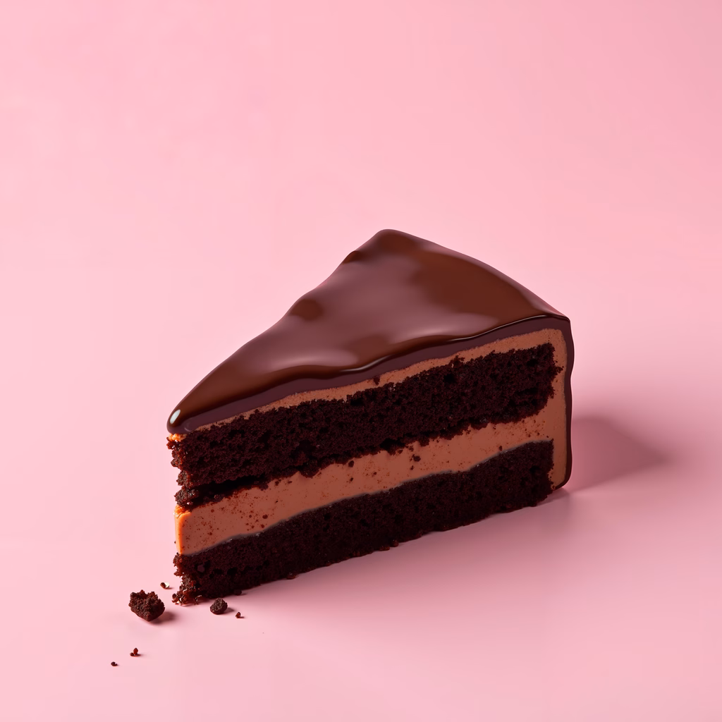 Close-up of a chocolate cake slice with smooth frosting on a pink background.
