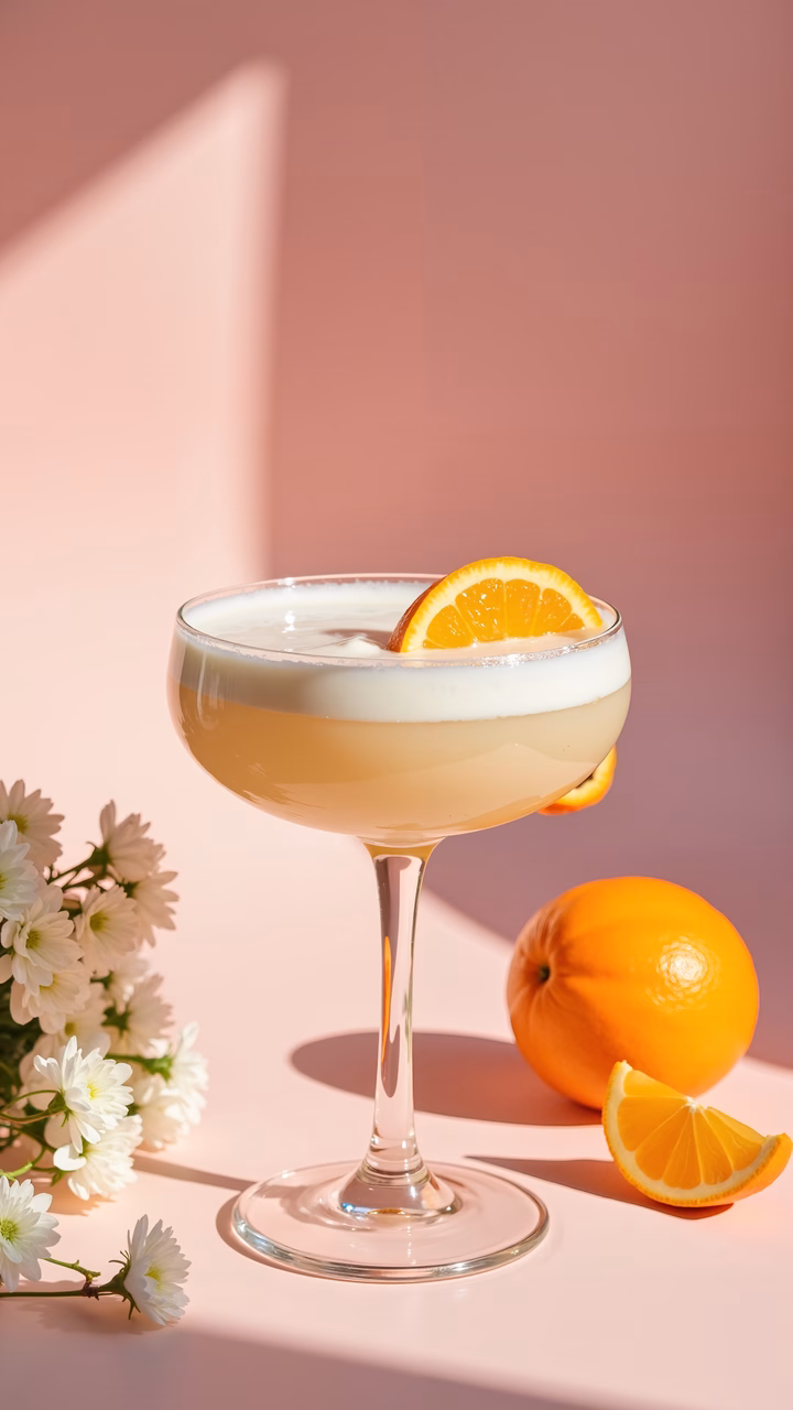Elegant citrus cocktail garnished with orange slices and flowers on a pink background.
