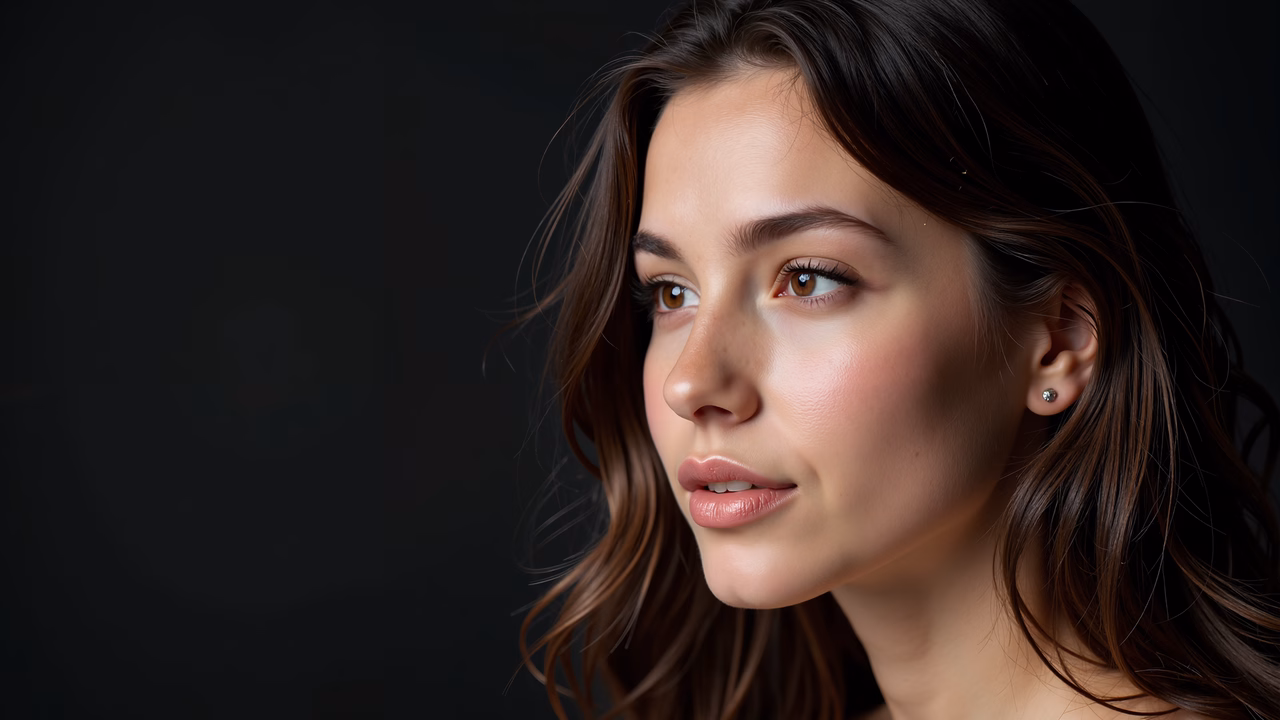 Softly lit close-up portrait with natural tones and deep background contrast.