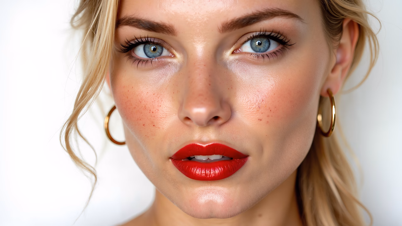 Close-up portrait with natural lighting and bold makeup details.