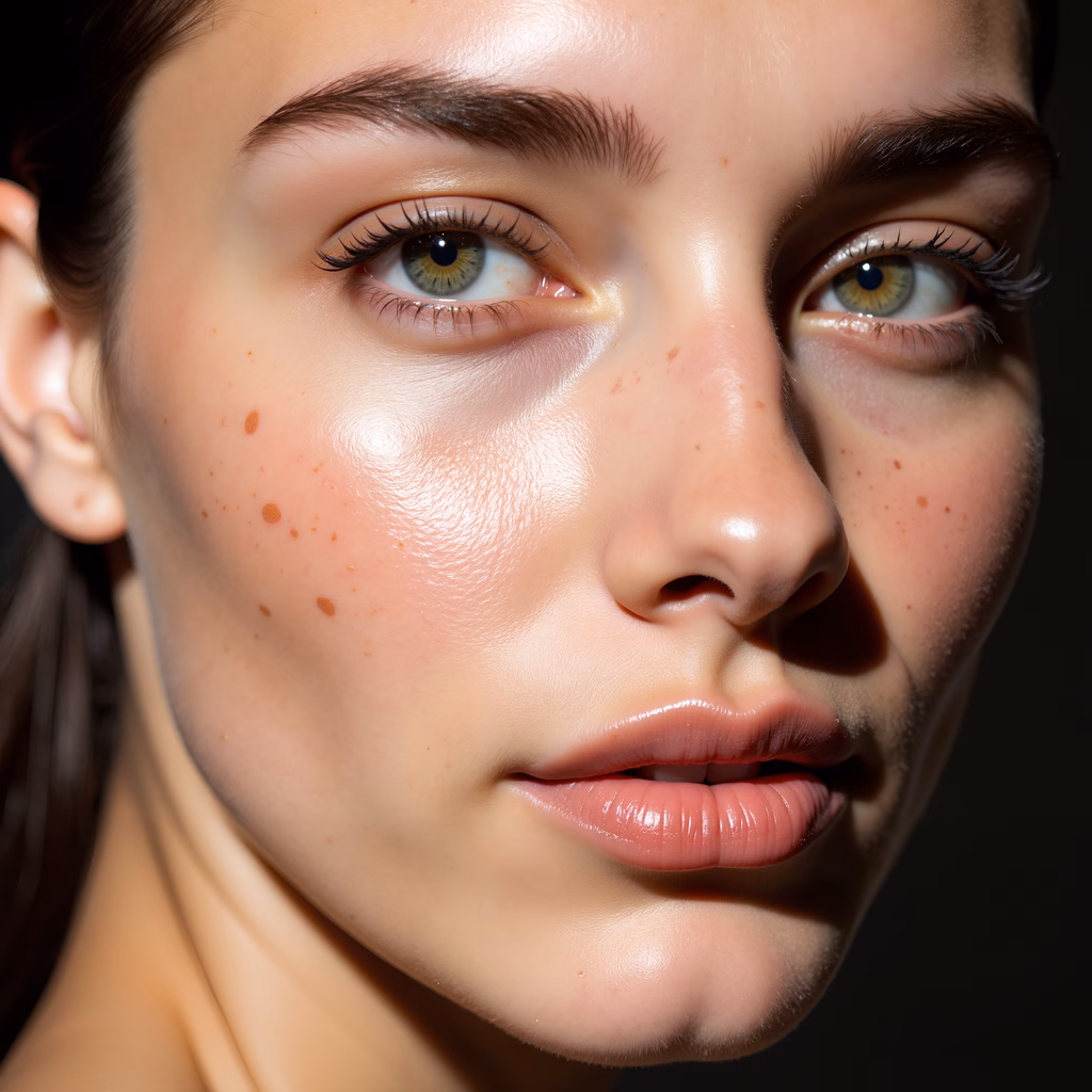 Close-up portrait of natural beauty with soft lighting and freckles.