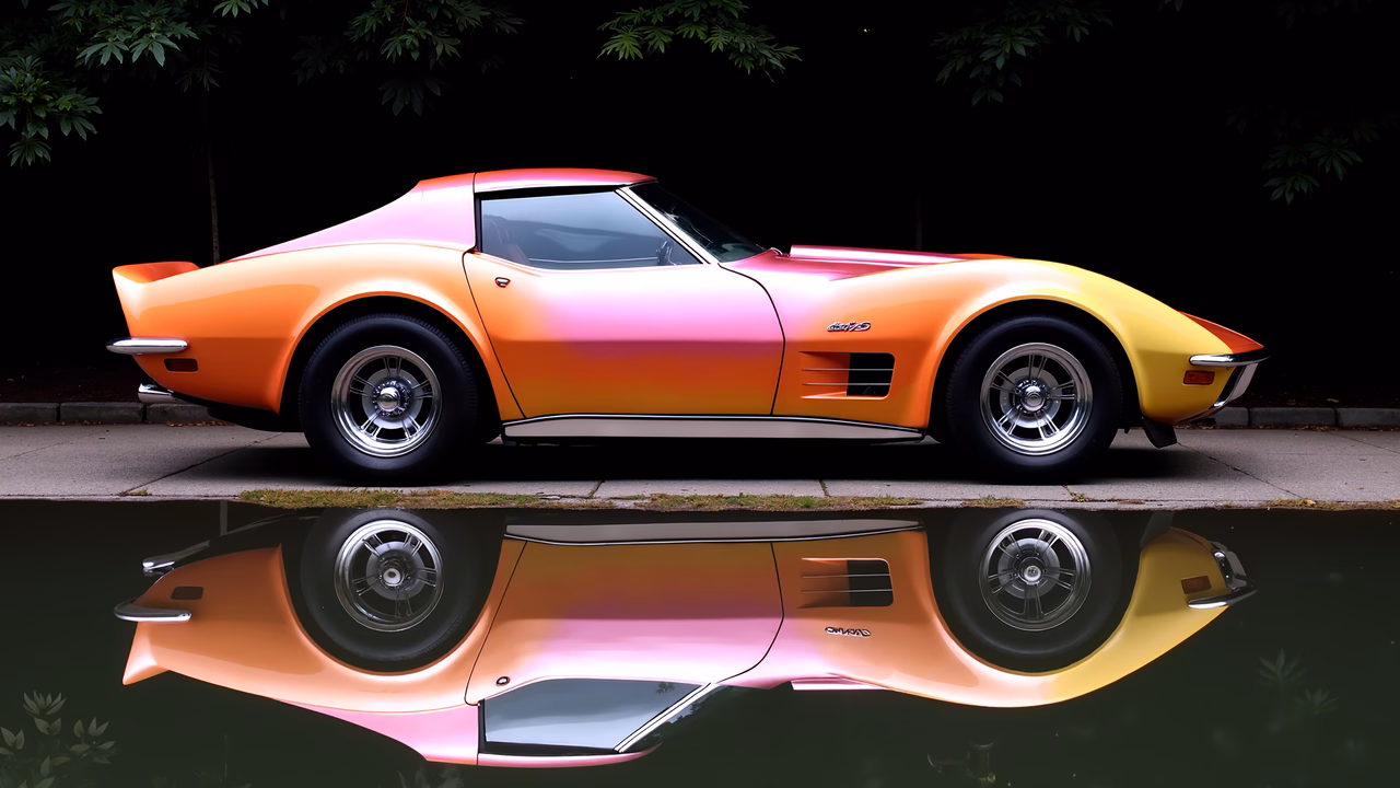 Vibrant vintage Corvette reflected in a tranquil pond, showcasing a gradient of warm colors.