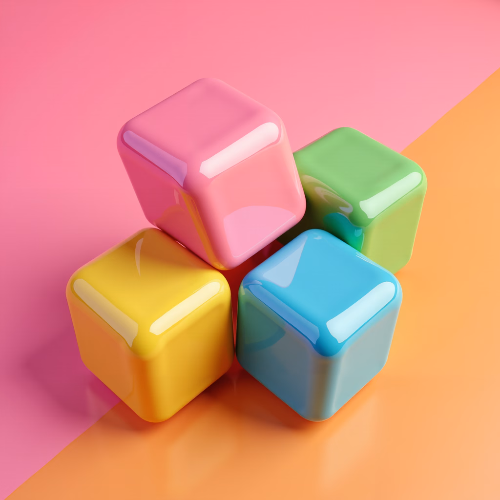 Vibrant, glossy cubes in a modern, playful arrangement.