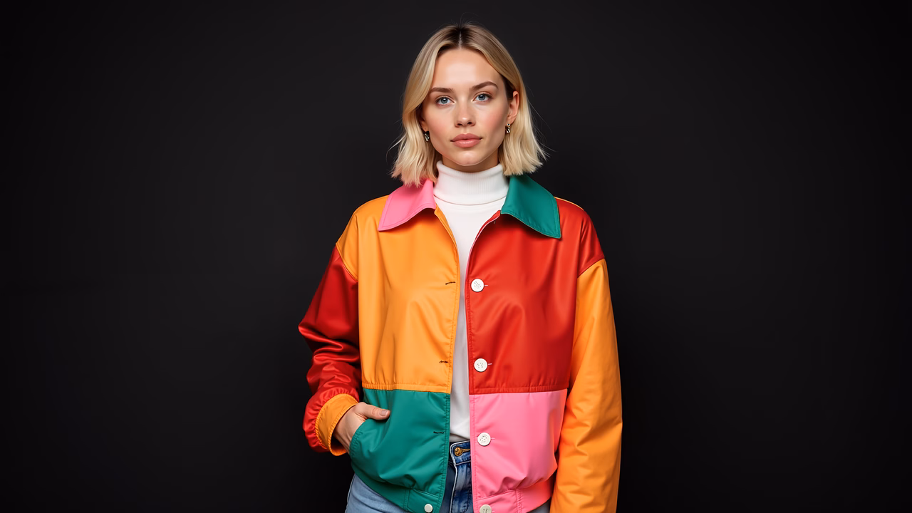 Boldly colored jacket against a black backdrop, emphasizing fashion and vibrancy.