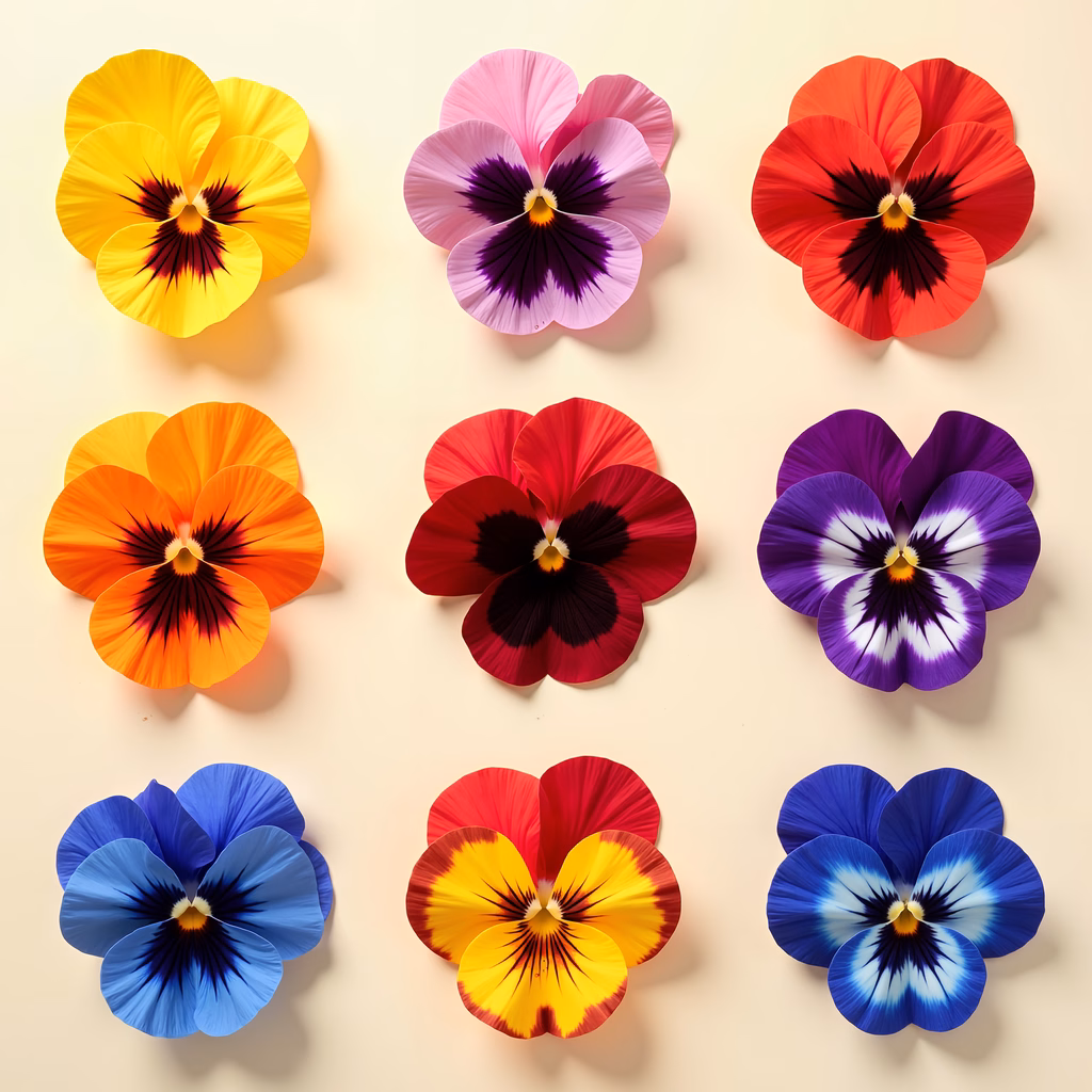 Brightly colored pansies arranged in a grid pattern, showcasing their intricate petal details.