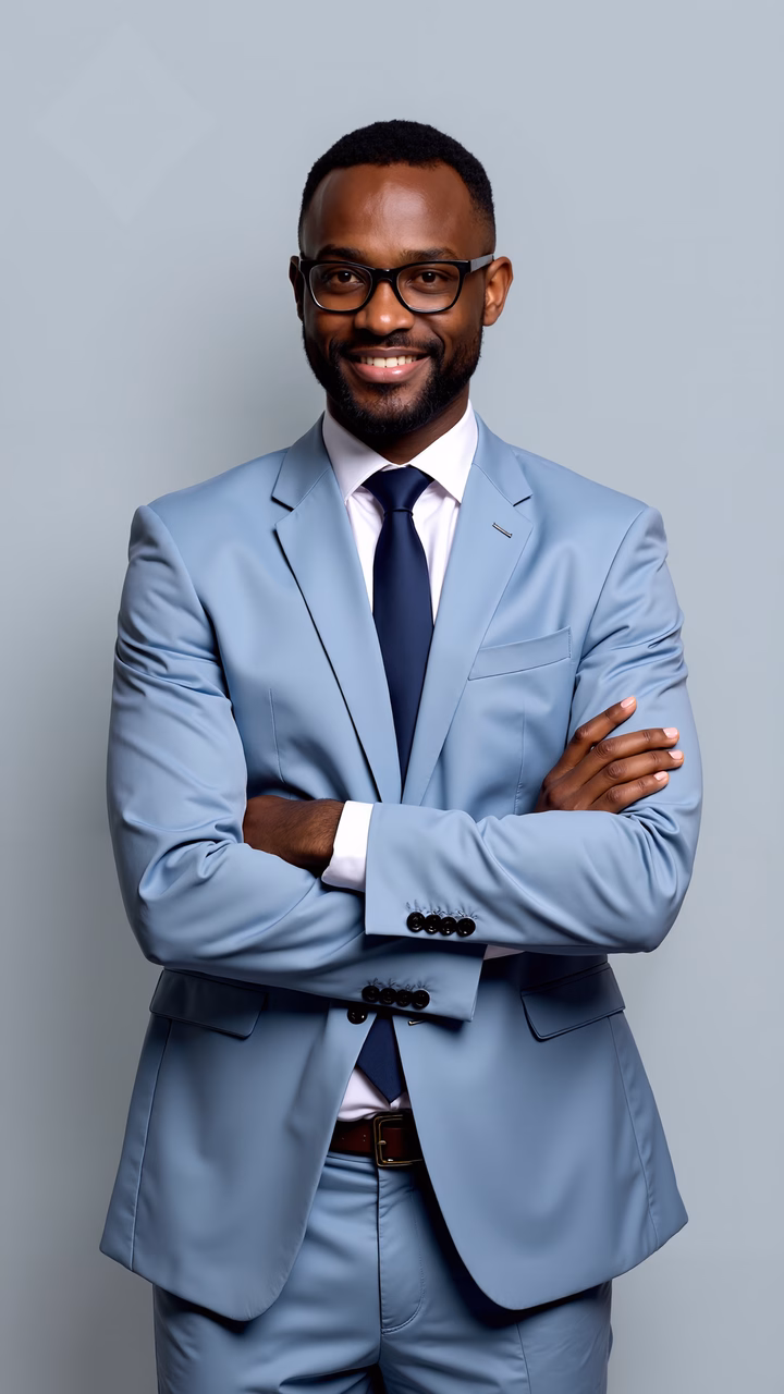 Confident businessman in a light blue suit, arms crossed, neutral background.