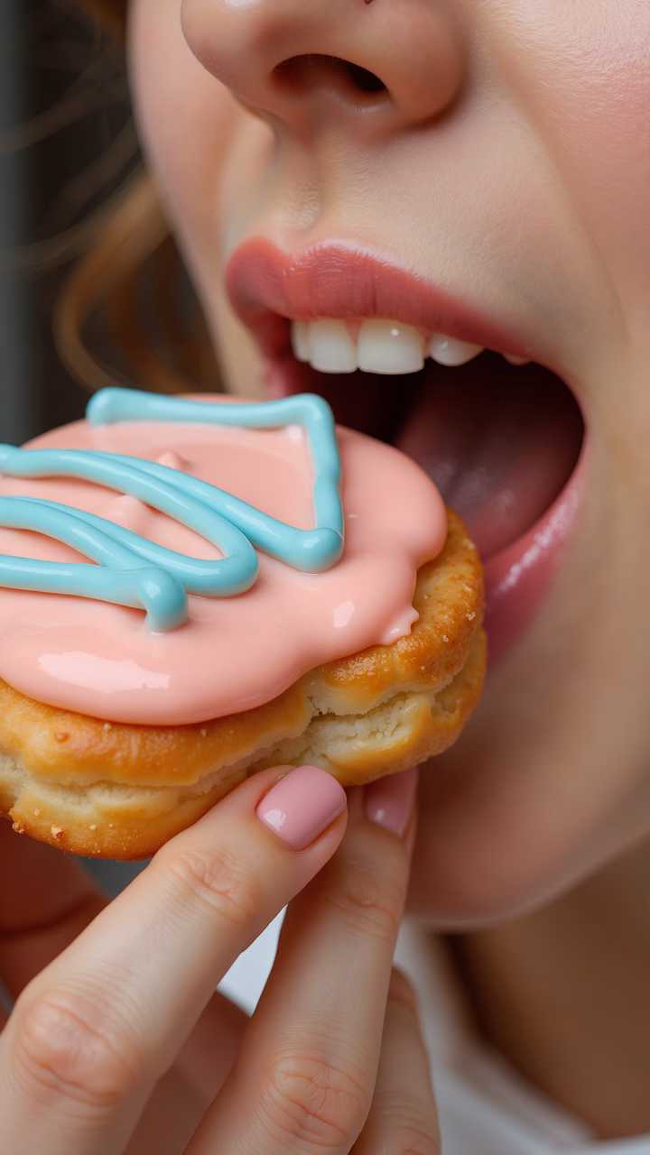 Close-up of a mouth biting into a colorful cookie, highlighting indulgence and playfulness.