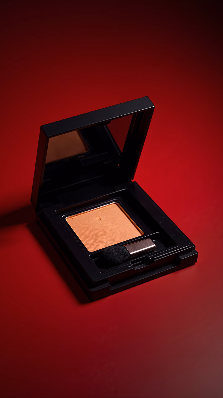 Close-up of a compact makeup case with vibrant orange eyeshadow on a deep red background.