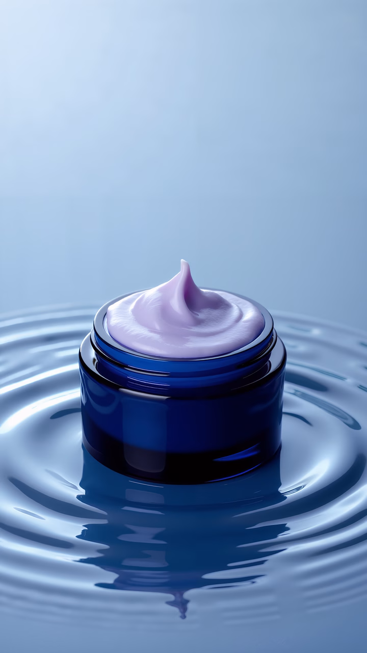 Close-up of a glossy purple cosmetic cream jar on a blue background, emphasizing luxury and sophistication.