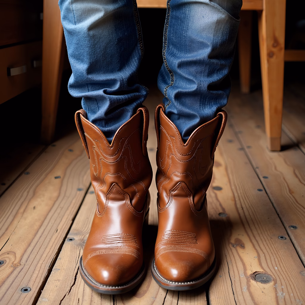 Close-up of cowboy boots with intricate stitching, standing on a wooden floor.