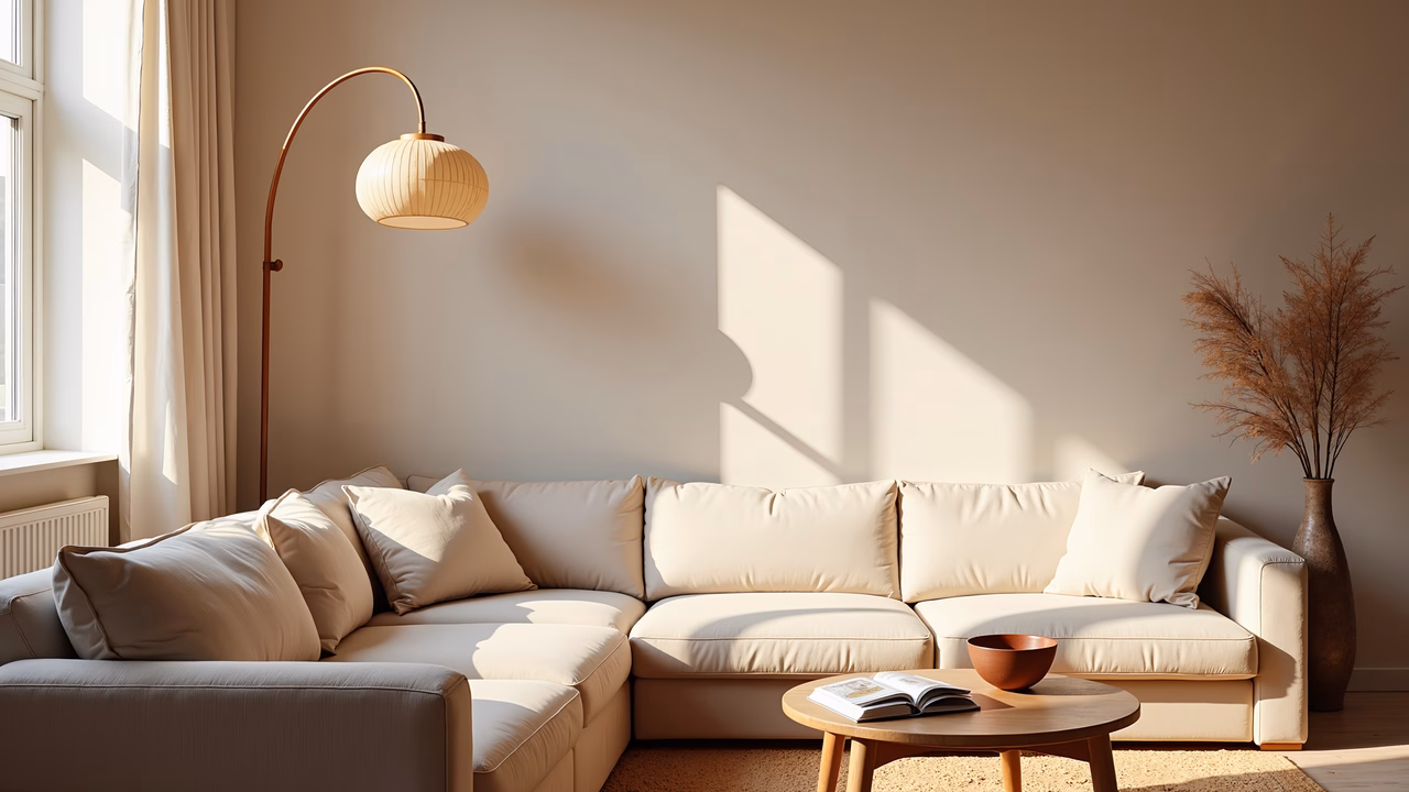 A tranquil living room with neutral tones and natural light.