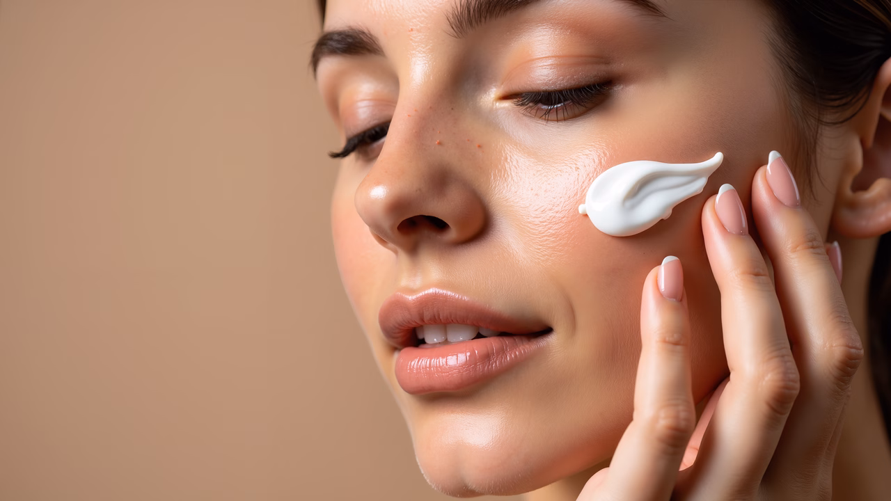 Close-up of woman applying cream to her cheek, showcasing beauty and skincare routine.