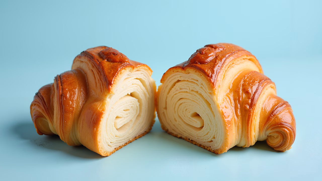 Close-up of flaky croissants with glossy glaze and creamy filling against a vibrant blue background.