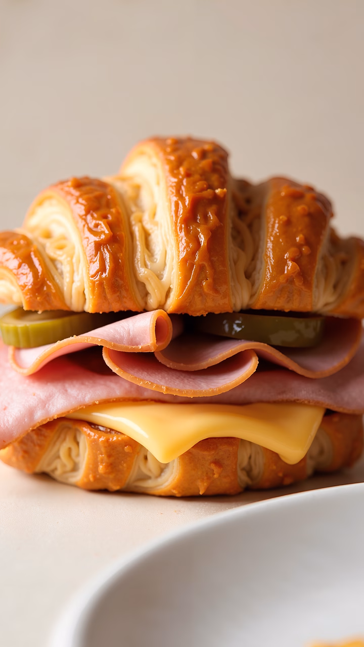 Close-up of a delicious croissant sandwich with ham, cheese, and pickles.