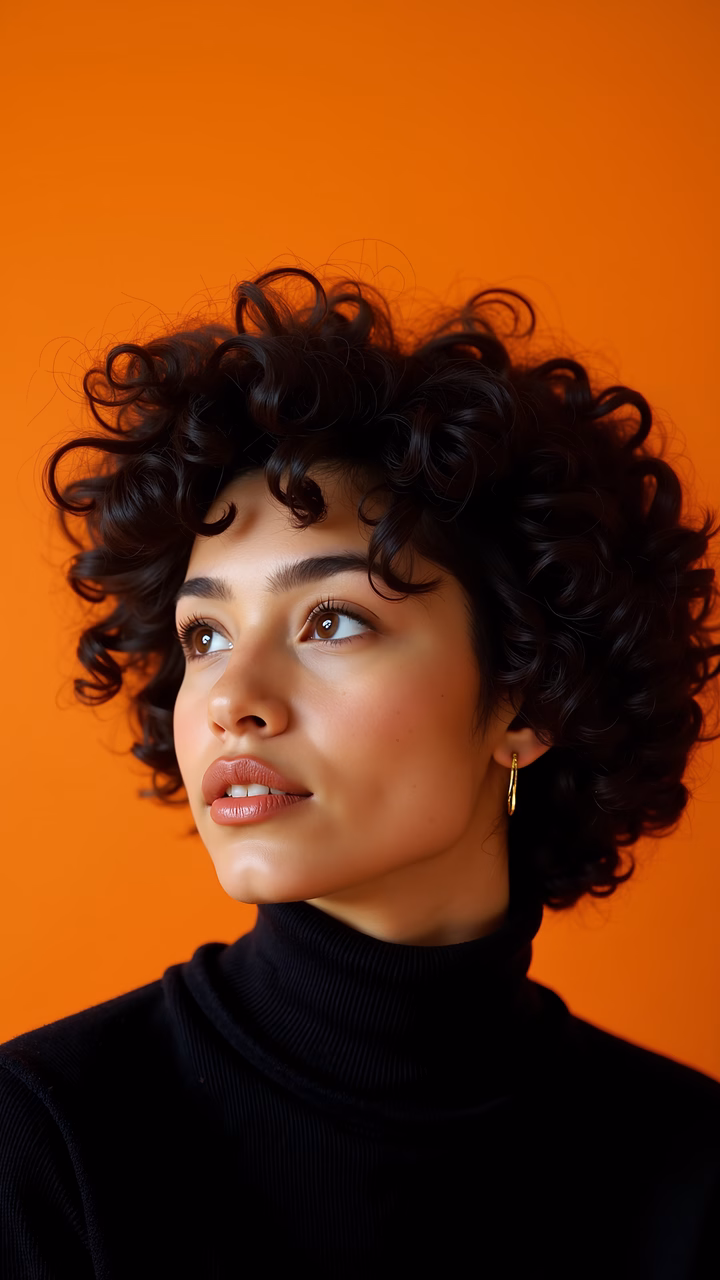 Close-up portrait of curly hair against an orange backdrop, evoking contemplation and elegance.